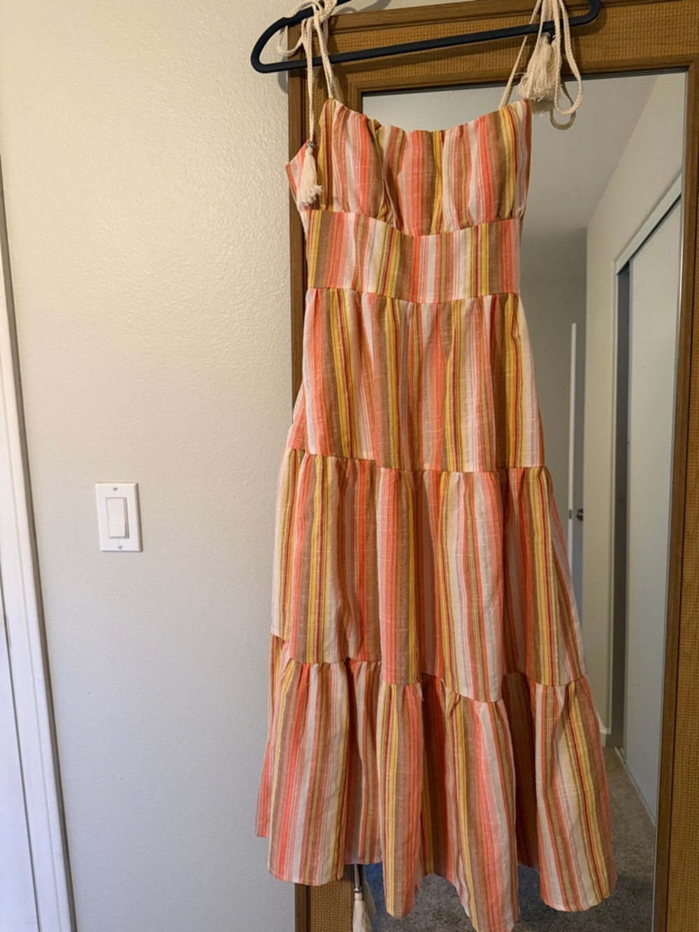 Striped Tiered Maxi Dress in Coral, Yellow & Cream